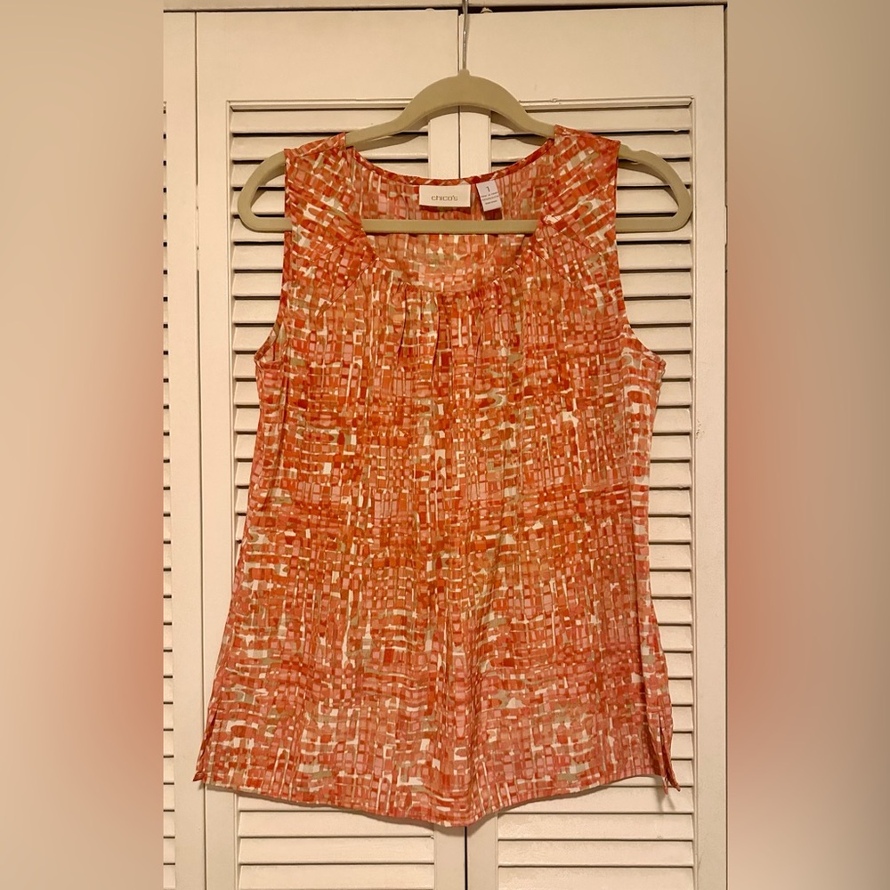 Chicos Orange Print Tank Top Size  1 Sleeveless Stretchy Ruched Neck